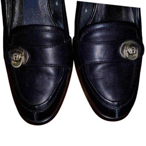 🏖️ETIENNE AIGNERE BLACK LEATHER PUMPS W STACKED HEEL & PEWTER LOGO - Picture 5 of 8